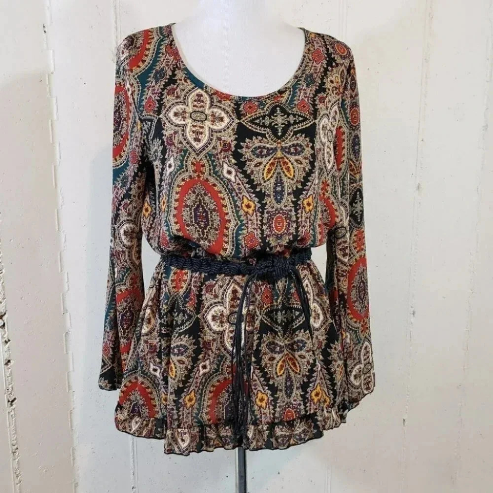 DEB M Boho paisley top w/ bell sleeves & ruffle